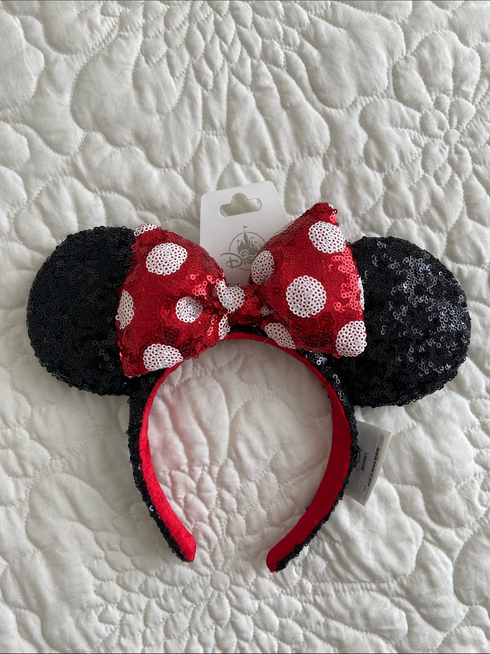 Disney Black Sequin Minnie Mouse Ears with Red Polka Dot Bow